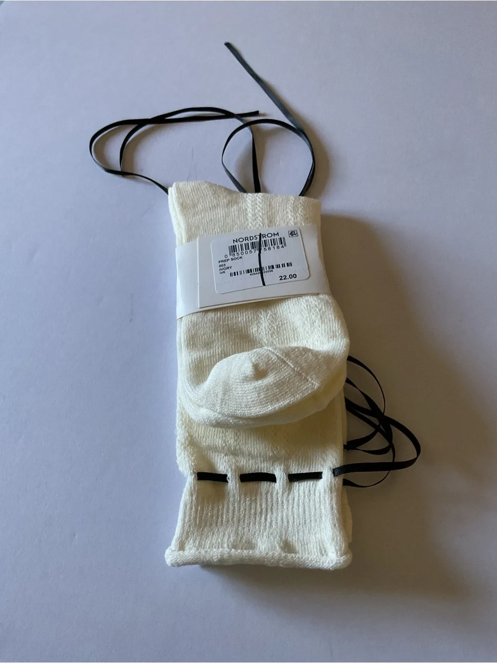 CASA CLARA WOMENS PREP SOCK IVORY WITH BLACK RIBBONS OS NWT